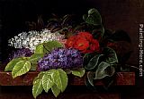 Johan Laurentz Jensen White and purple Lilacs, Camellia and Beech Leaves on a marble Ledge painting
